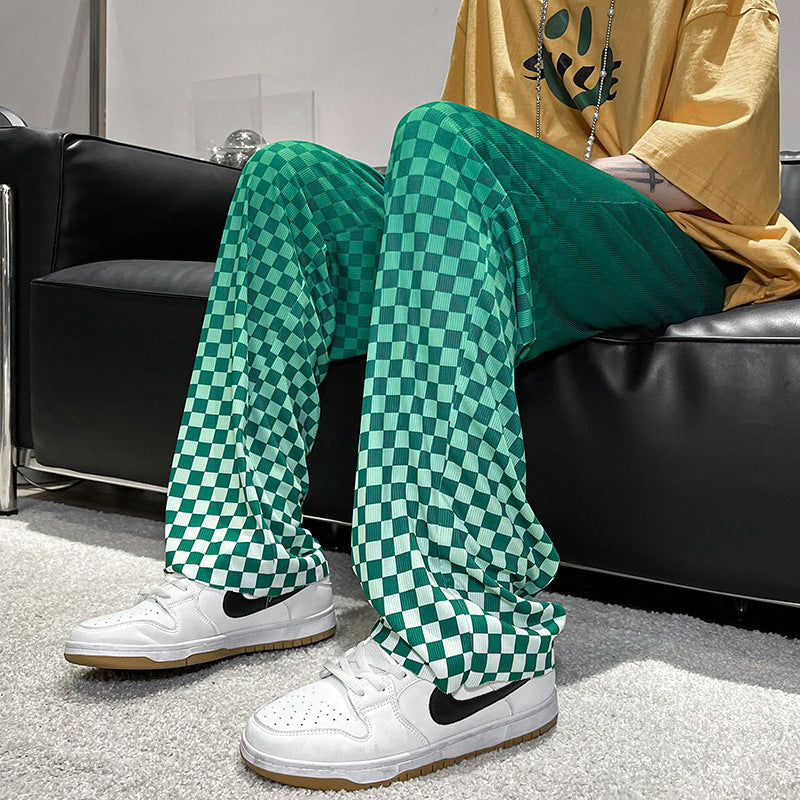 Gradient Color Chessboard Grid Ice Silk Mop Trousers