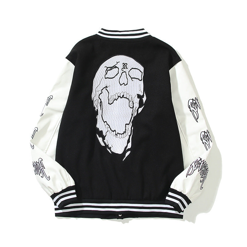 Skull Embroidery Leather Sleeve Stitching Baseball Jacket