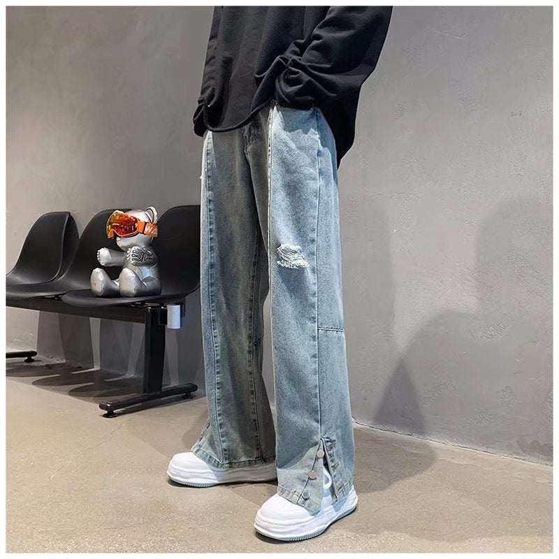 American Letter Embroidered Jeans High Street Hip Hop Straight-leg Pants