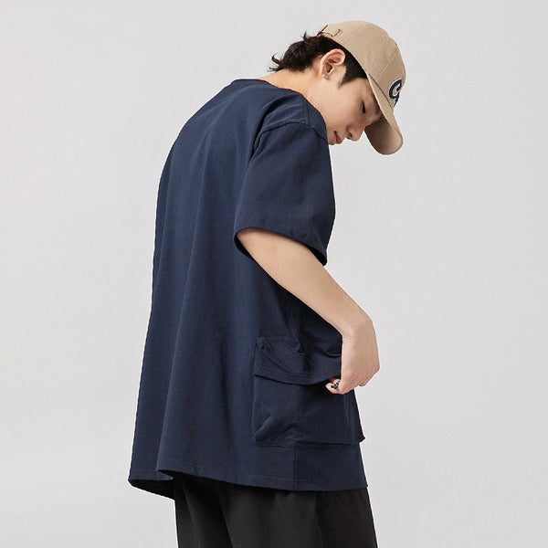 Camiseta de algodón puro vintage para hombre con ropa de trabajo con doble bolsillo 3D