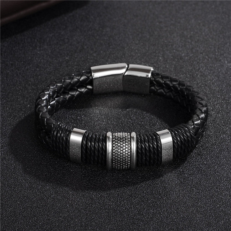 Black Braid Woven Leather Bracelet Titanium Stainless Steel Bracelet