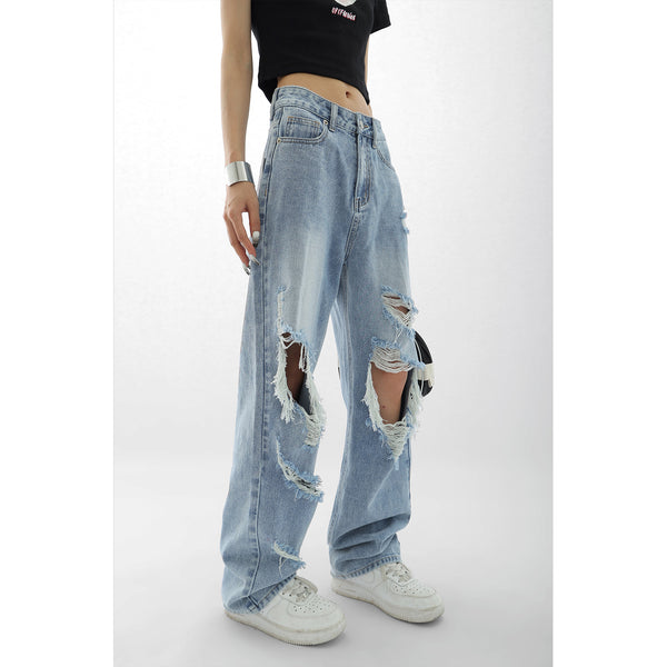Light Blue Thin Ripped Jeans For Women