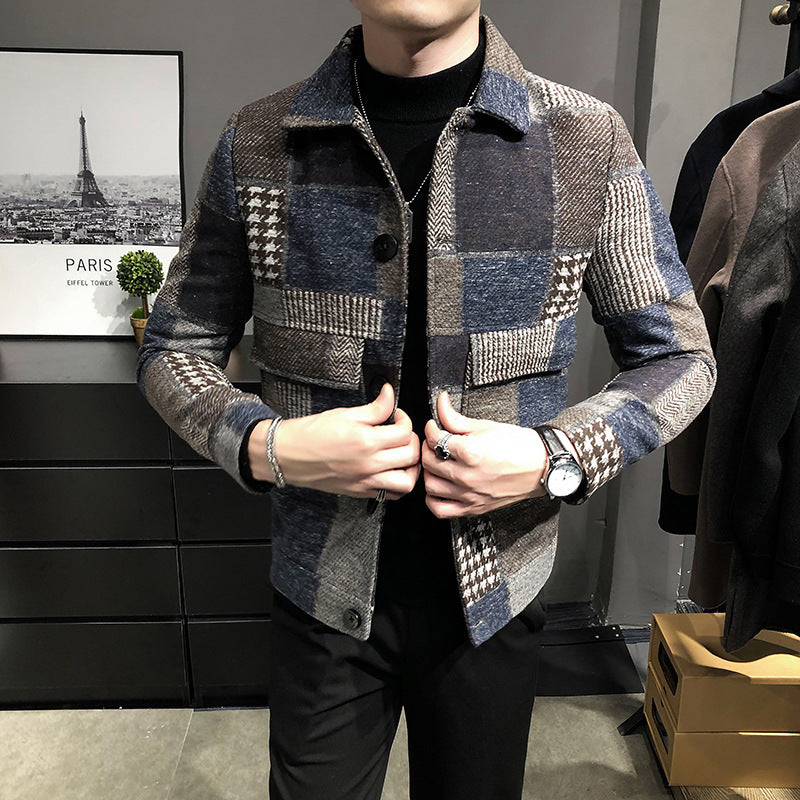 plaid stitching contrast woolen jacket