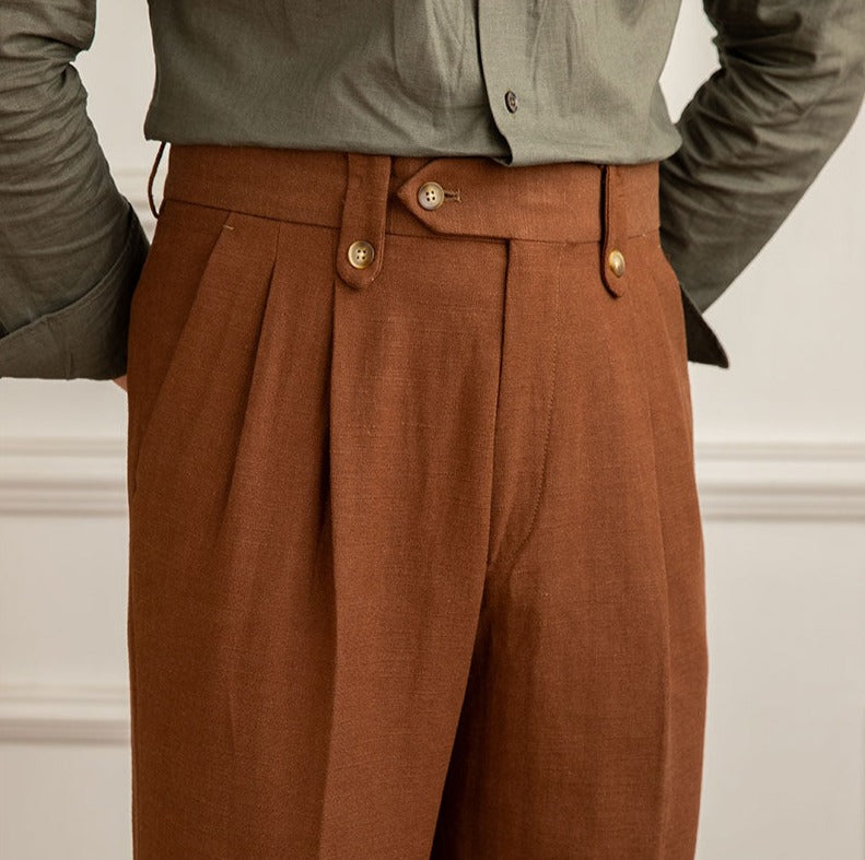 Roma Linen Blend Double Pleated Straight Fit Trousers