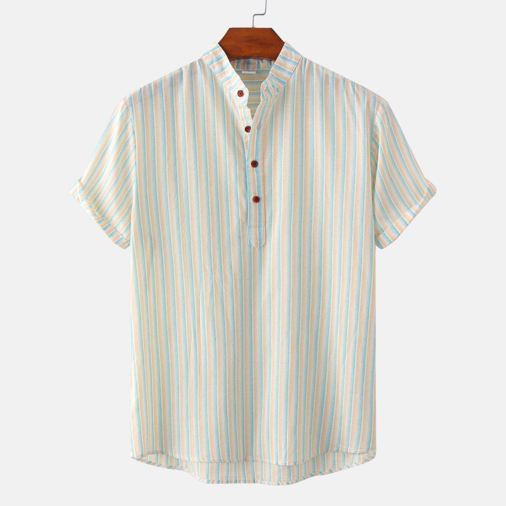 Striped Printed Stand Collar Short Sleeve Shirt Men