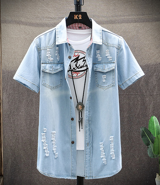 Summer New Short-sleeved Denim Shirt Men