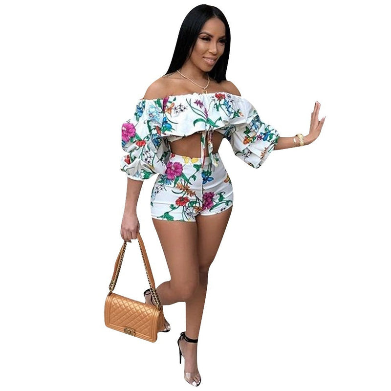 European and American sexy printing pile sleeves two-piece dress