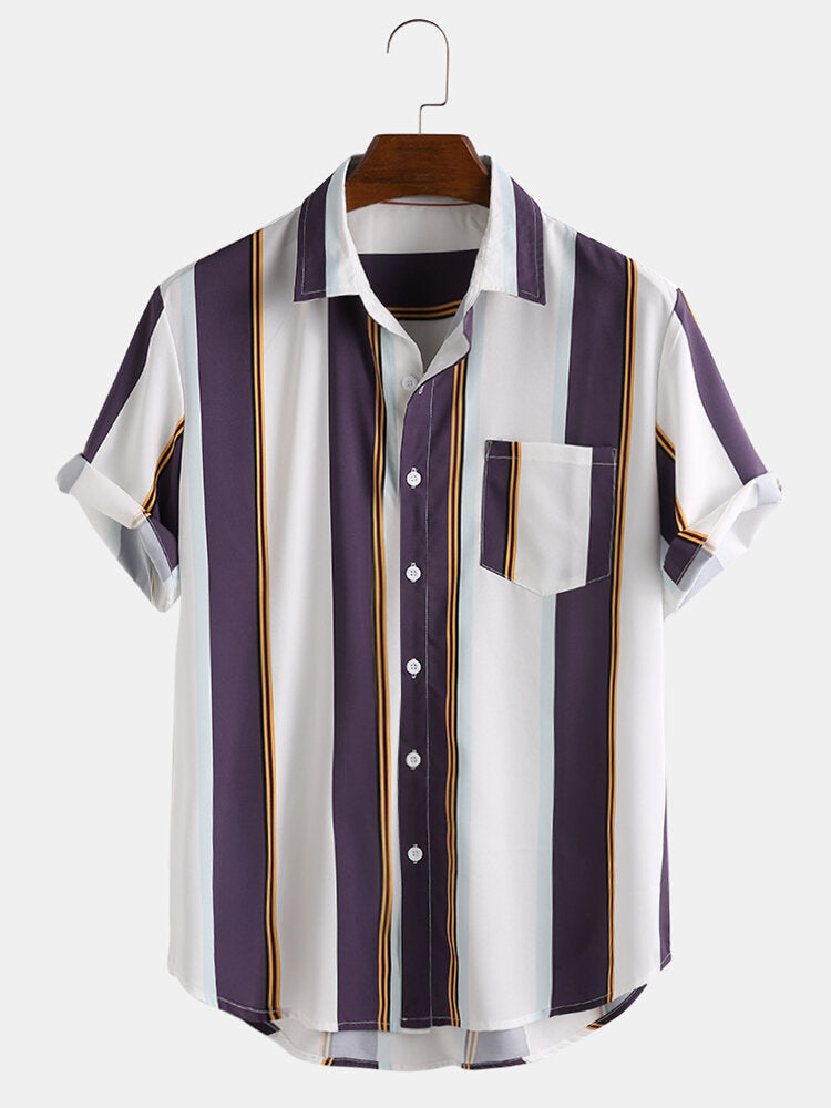 Men's striped notched collar short sleeve shirt