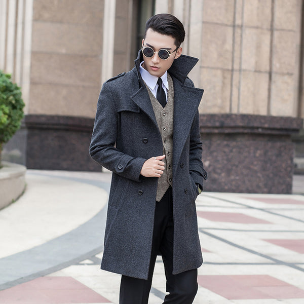 Woolen Striped Double Breasted Thickened Warm Windbreaker trench coat