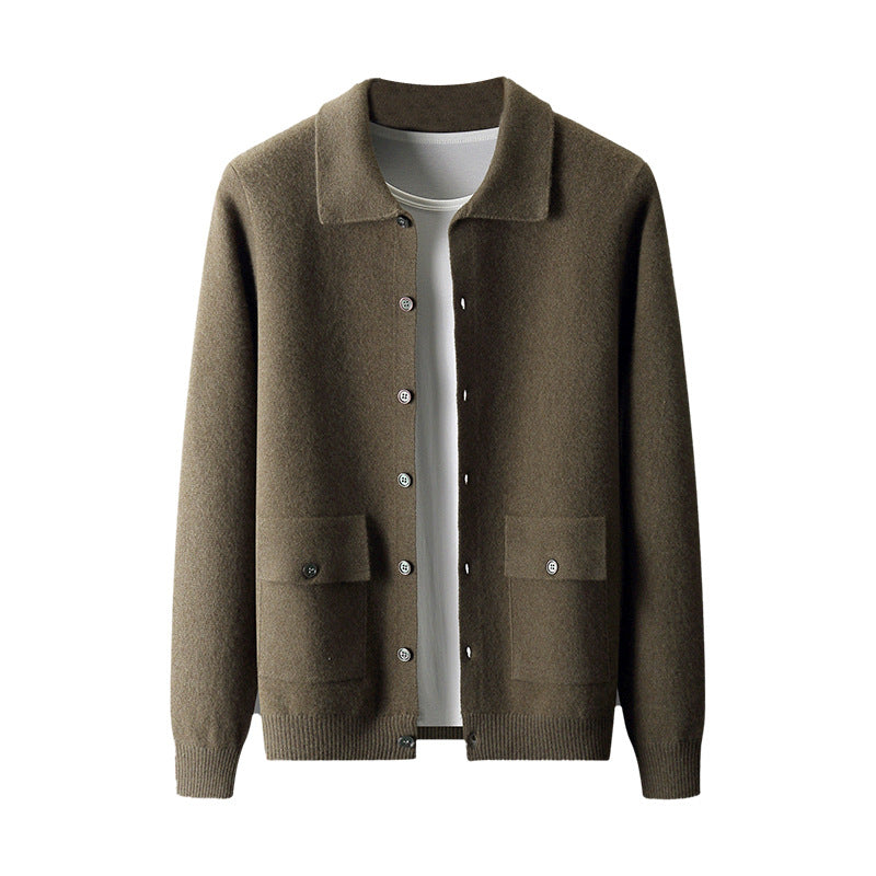 Men's Polo Collar Solid Color Wool Cardigan Winter Coat