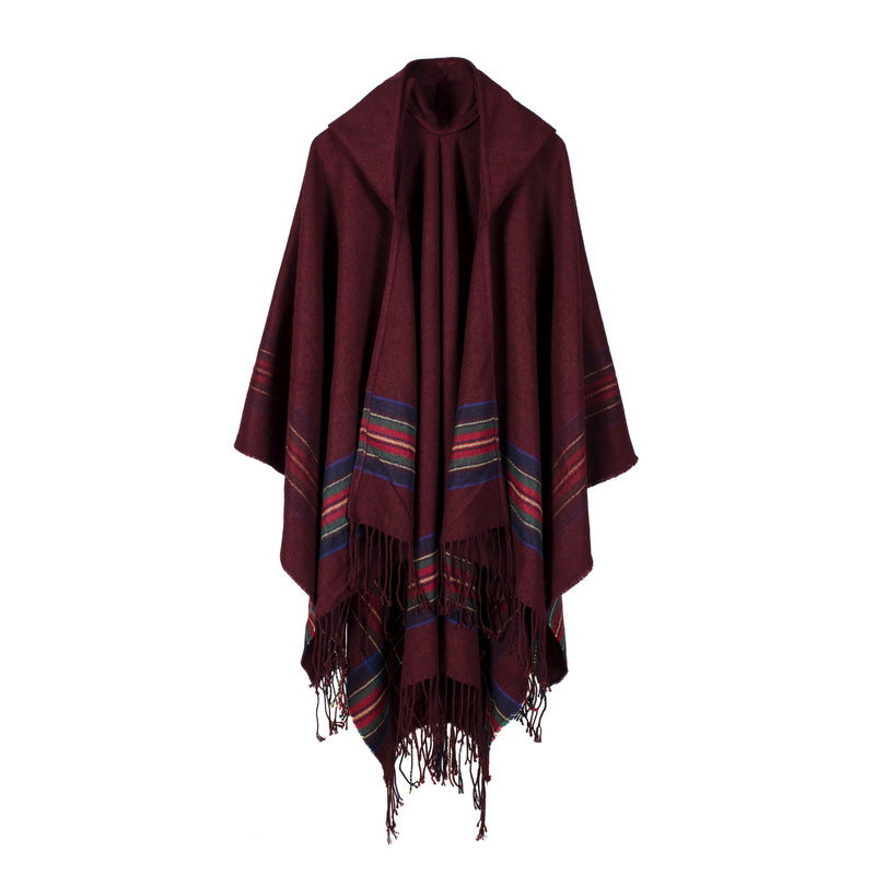 Women's thick color stripsimitation cashmere jacquard shawl hooded cloak