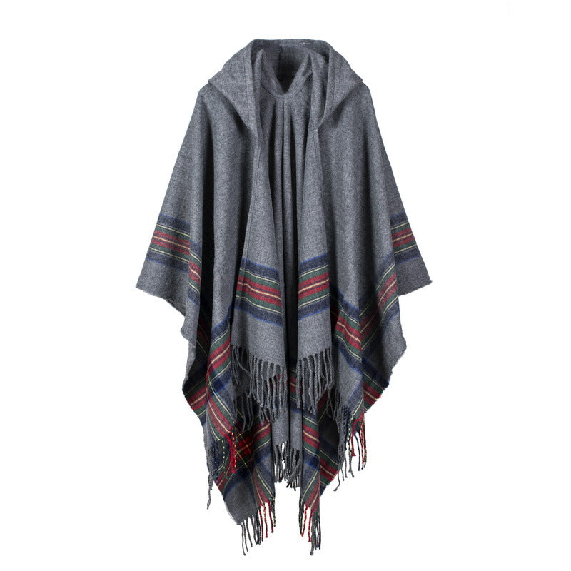 Women's thick color stripsimitation cashmere jacquard shawl hooded cloak