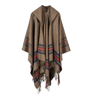 Women's thick color stripsimitation cashmere jacquard shawl hooded cloak