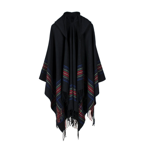 Women's thick color stripsimitation cashmere jacquard shawl hooded cloak