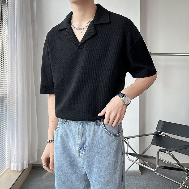 Plain Short Sleeve Polo Knitted Loose Drop-shoulder Half Sleeve t-shirt men