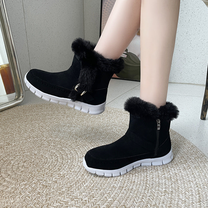 Snow Boots Winter Warm Thickened Plush Ankle Boots With Buckle Design Plus Velvet Flat Shoes For Women