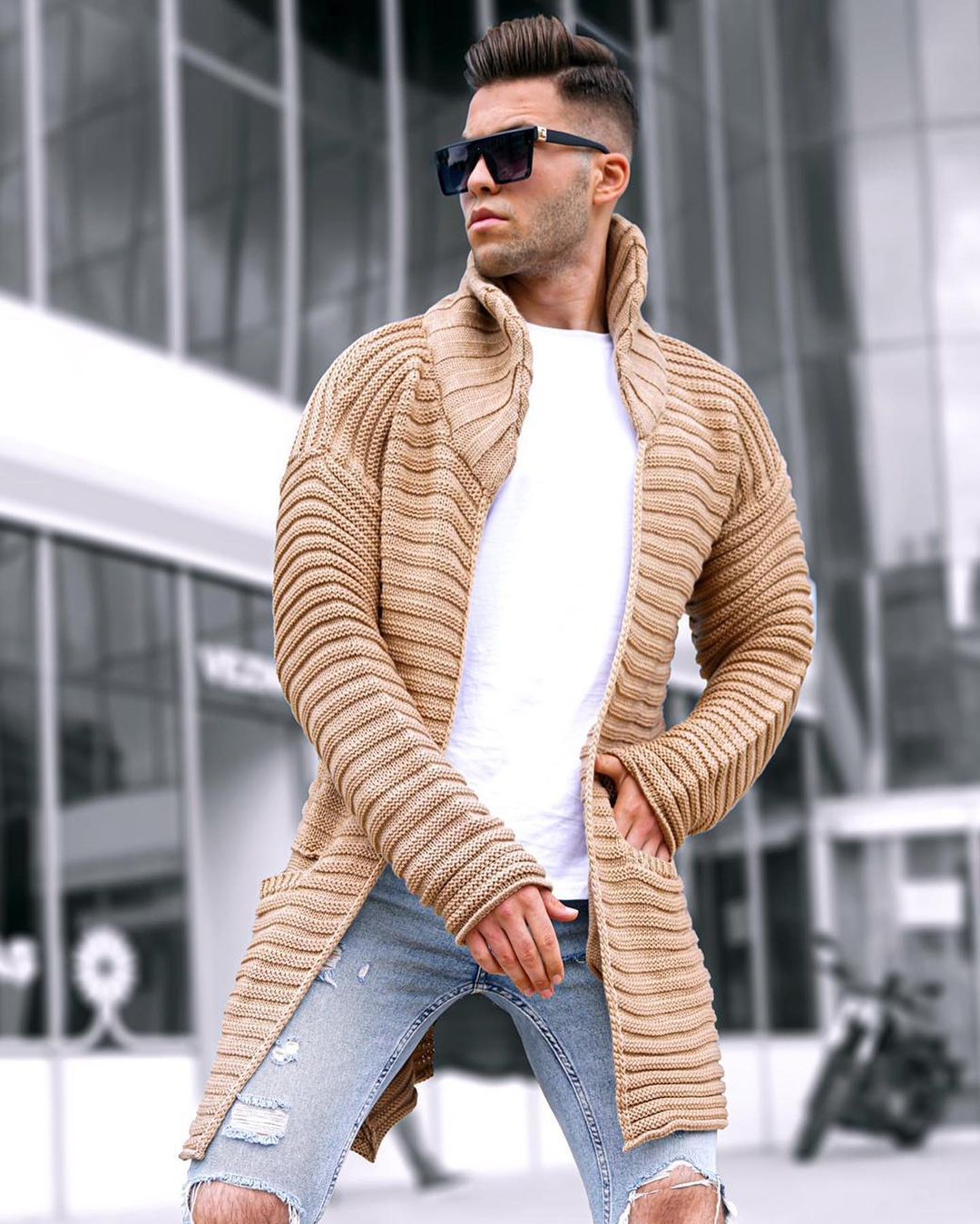 Ribbed Jacquard Solid Color Lapel Cardigan Windbreaker Sweater