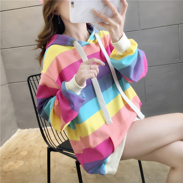 Rainbow Stripes Loose Hooded Sweater