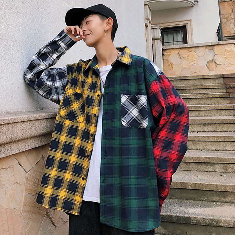 Color-block check long-sleeved shirt