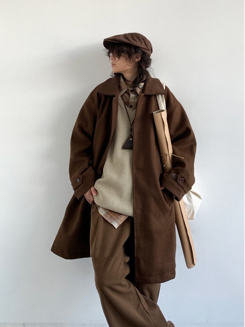 Japanese-style Retro Brown Woolen trench Coat