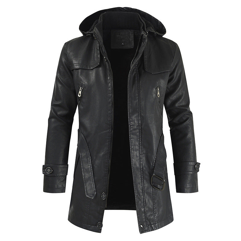Leather hooded slim coat jacket