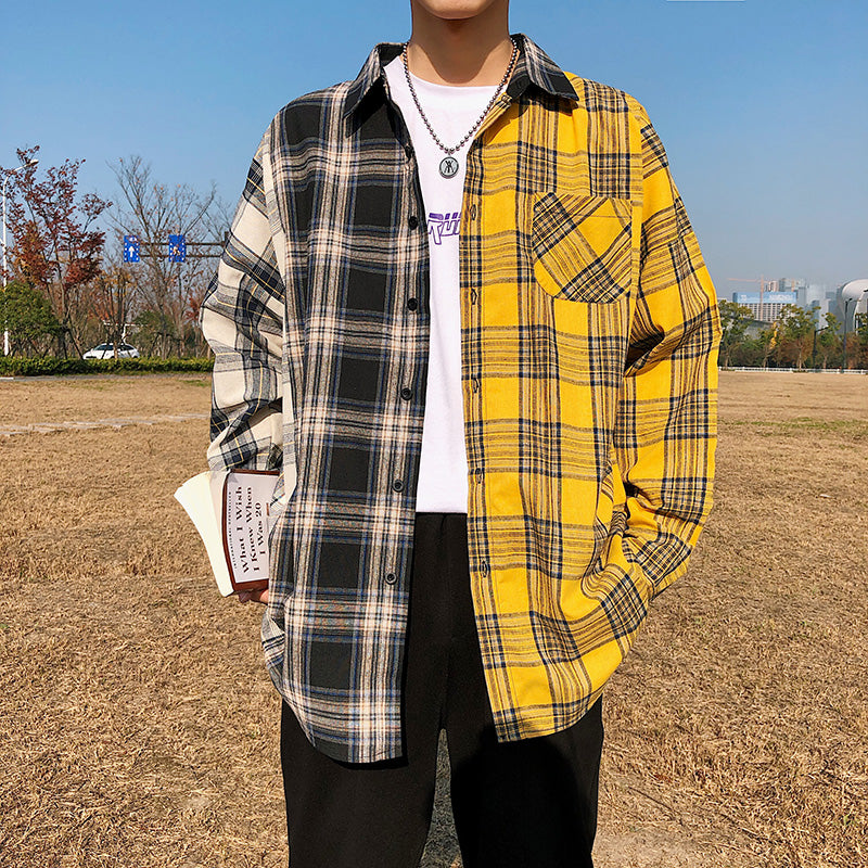 Color-block check long-sleeved shirt