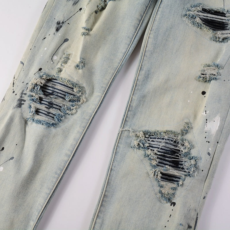 Light Colored Paint Splashed Ink Used Water Washed Torn Jeans