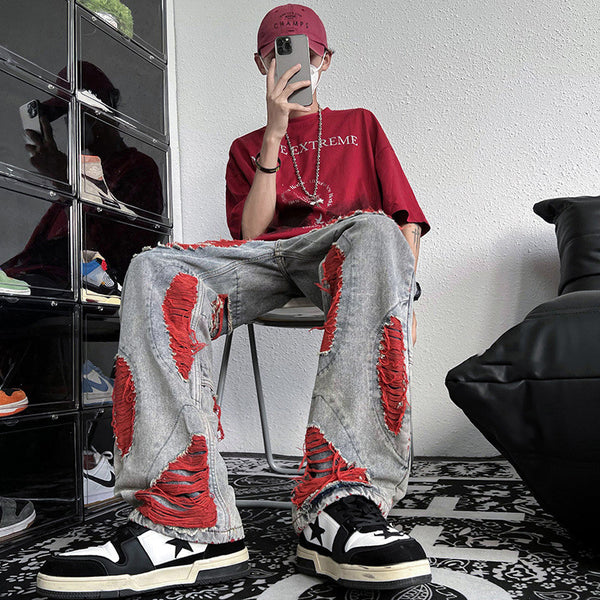 Raw Embroidery Ripped Jeans For Men