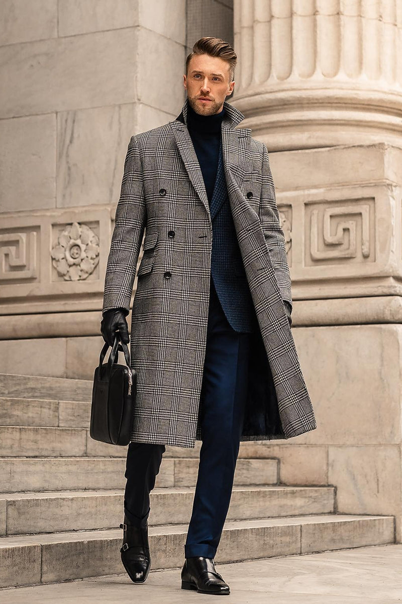 Woolen Double Breasted Checked Overcoat