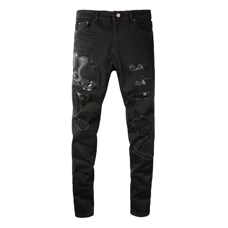 Broken Three Headed Snake Embroidery Patchwork Jeans For Men