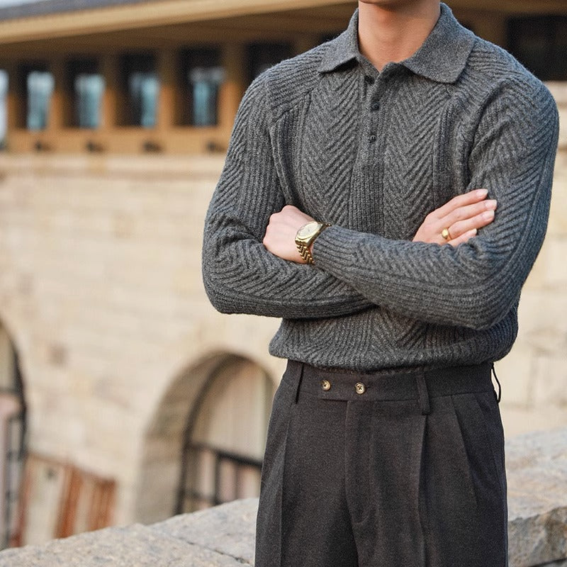 Geometric Patten Knitted Long Sleeve Polo Shirt