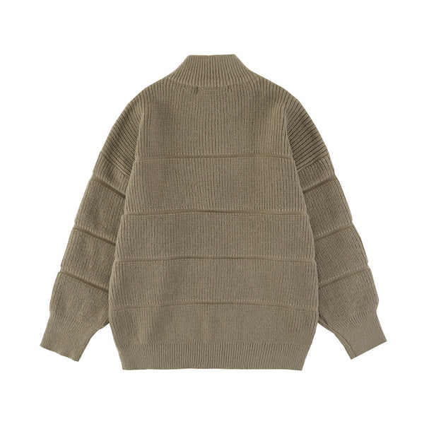 Sunken Stripe Textured Jacquard Cardigan Stand Collar Sweater
