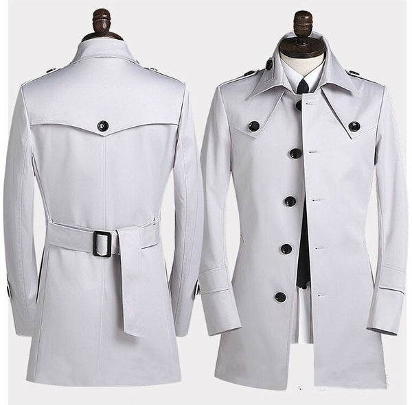 Men's Lapel Trench Coat Slim Single Breasted Medium Length