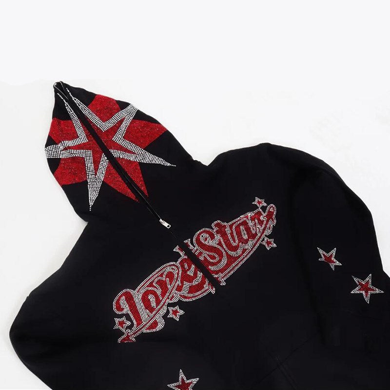 Five-pointed Star Rhinestone Hooded Sweater Zipper Jacket