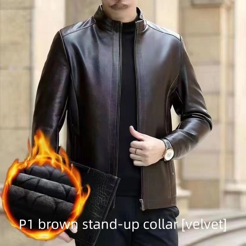 Stand Collar Fleece-lined leather jacket men