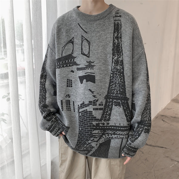 Suéter suelto con cuello redondo grande para hombre con estampado de la Torre Eiffel