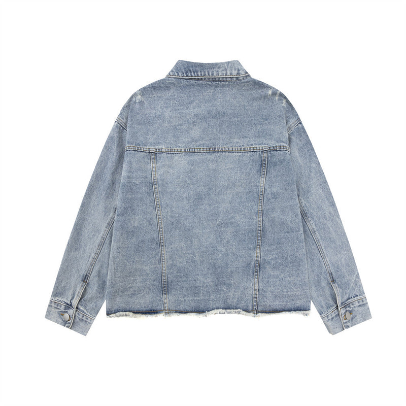 High Street Tide Wash Raw Edges Design Lapel Denim Jacket