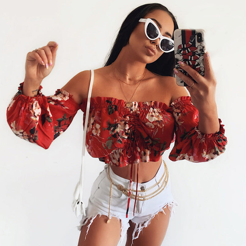 Net Gauze Print Long Sleeves Tops