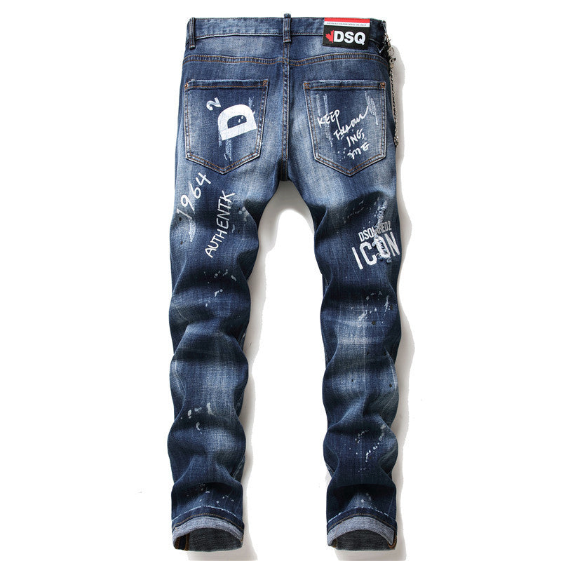 mens denim zipper blue hole Pencil Pants