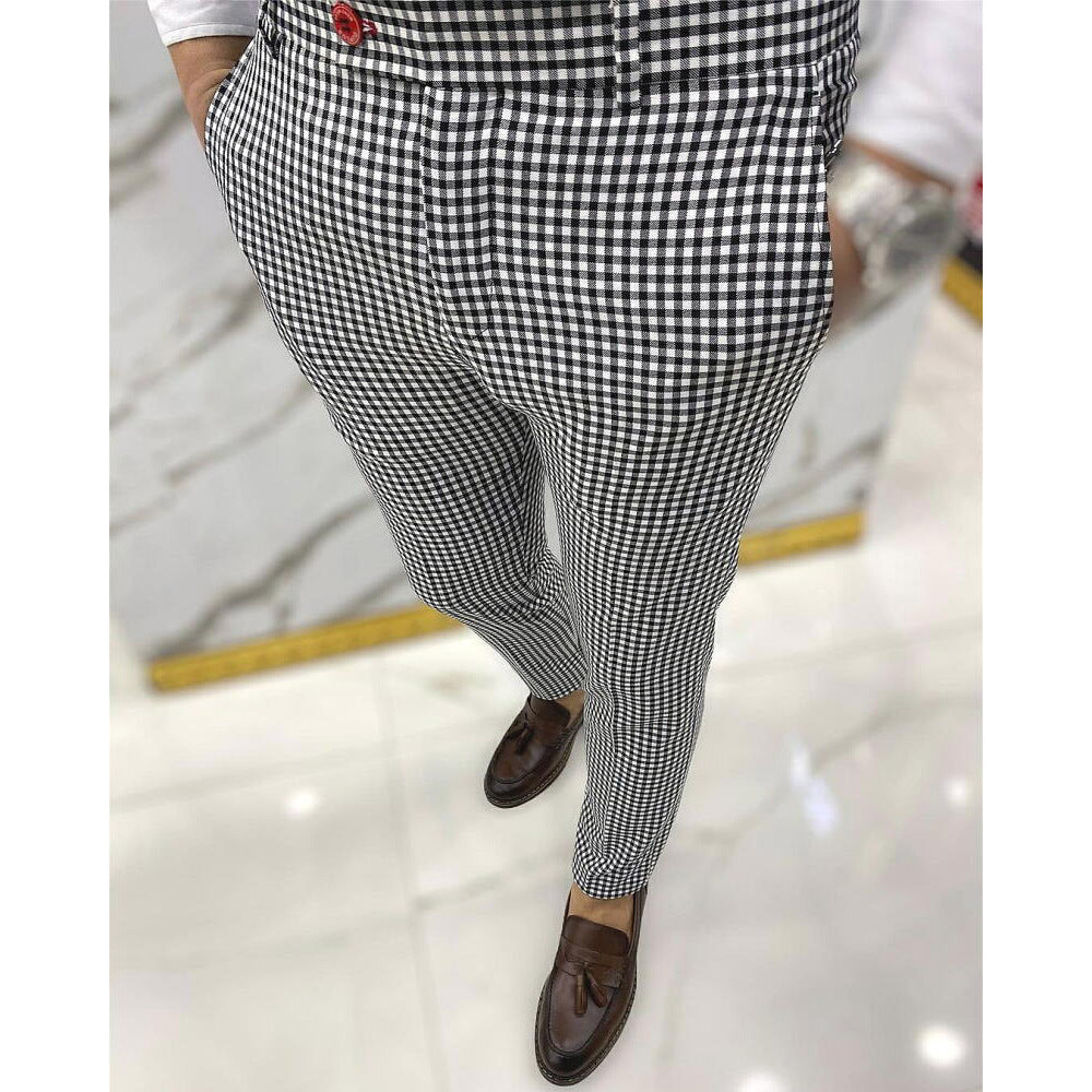 Men's Black And White Plaid Casual Pencil Pants