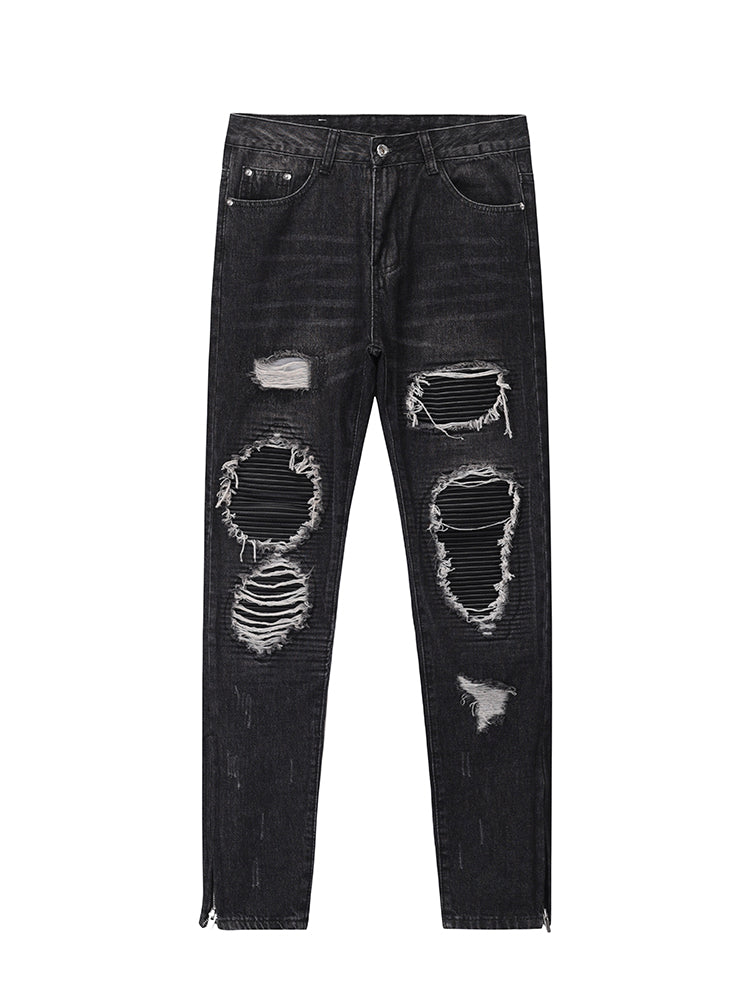 Men Ripped Patch PU And Leather Zipper Jeans