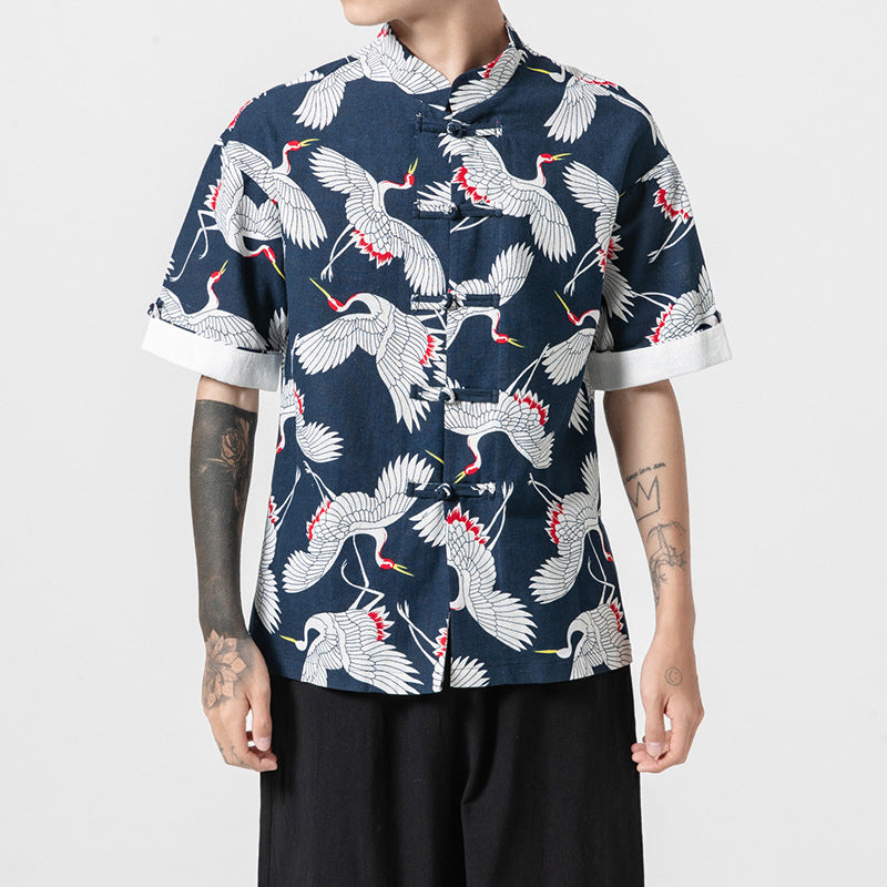 Men's Loose Stand-up Collar Printed Short-sleeved Shirt