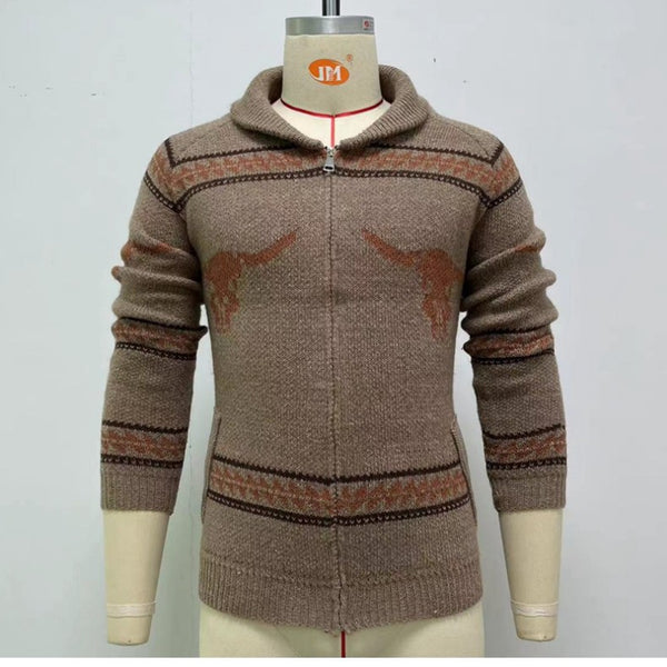Ox Head Jacquard Weave Zip Knitted Sweater