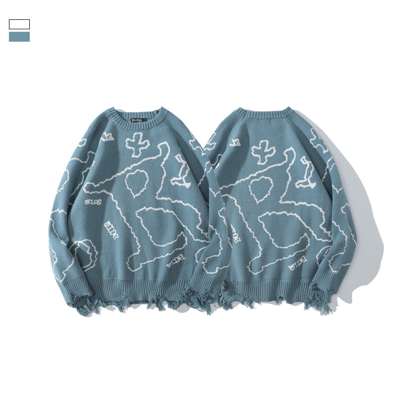 Maglione invernale girocollo con lettere blu in jacquard