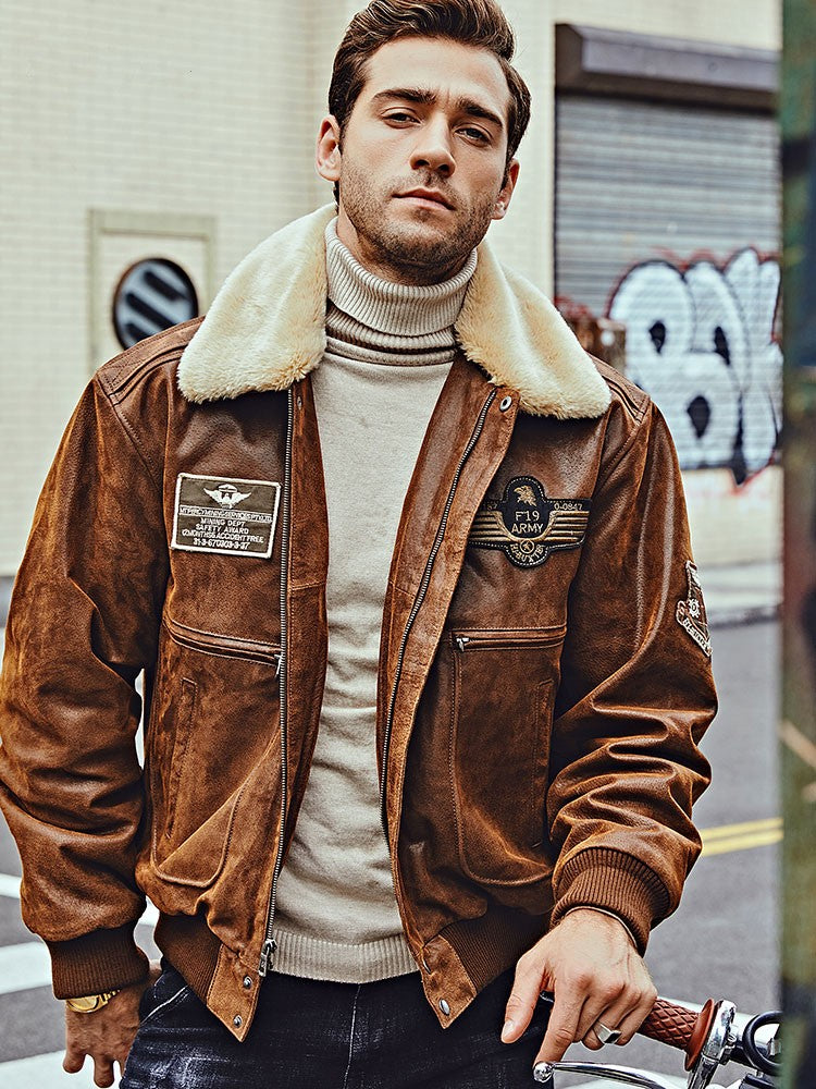 Cuello de piel para hombre con chaqueta de cuero de algodón