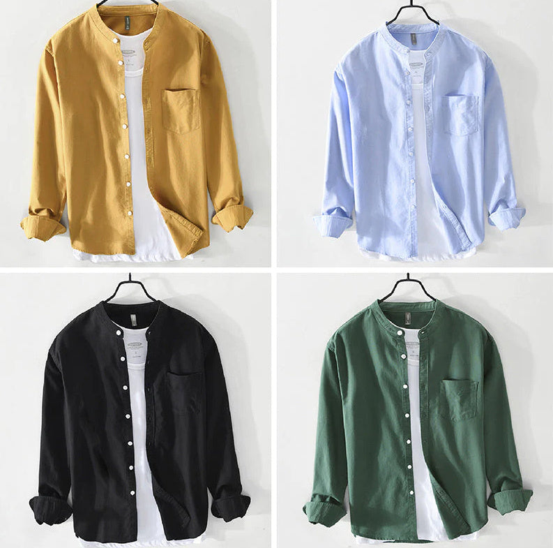 Stand-Up Collar Solid Color Simple Long-Sleeved Cotton Shirt