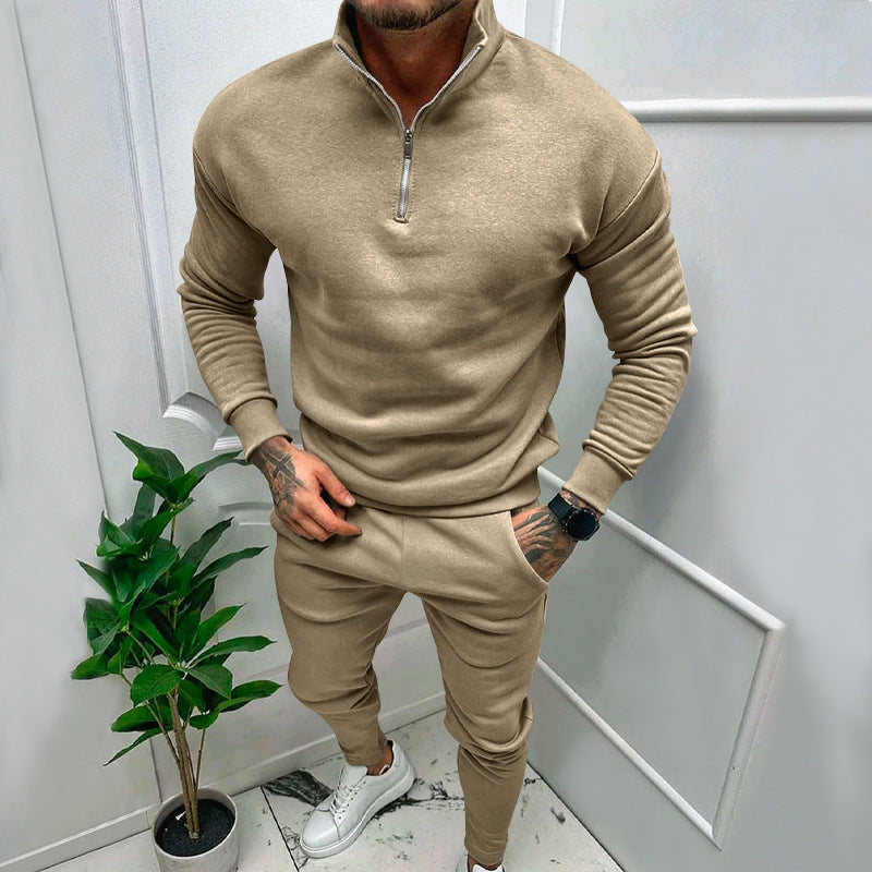 Men's Casual Fleece-lined Solid Color Top And Trousers Suit