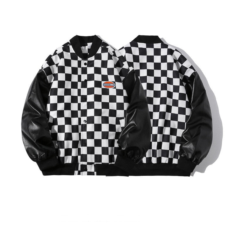 Retro Checkerboard Stitching Baseball Uniform Jacket Men