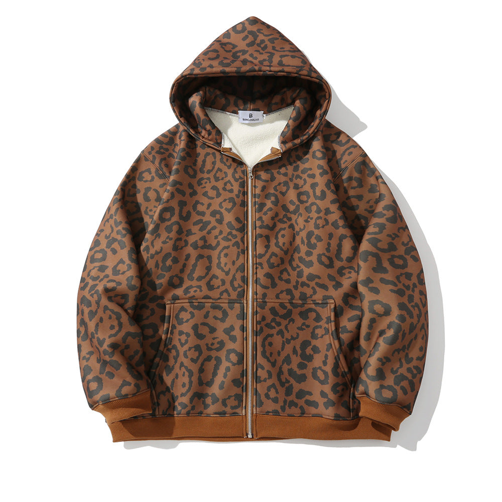 Leopard Printed Fleece Cardigan Sweater Jacket