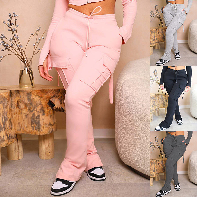 High Waist Drawstring Wide Leg Straight Trousers For Women